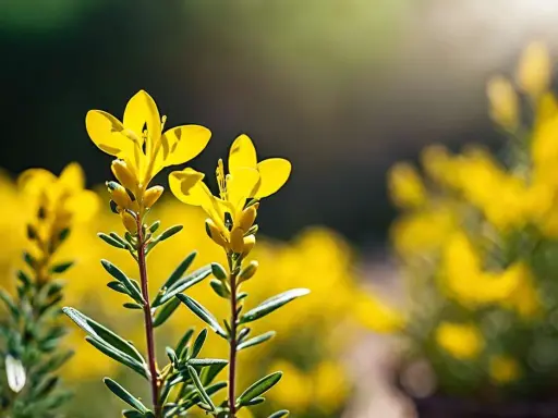 Deux fleurs jaunes de genet, aux pétales délicats, se dressent sur des tiges fines. La taille du genet est ici mise en valeur par la lumière du soleil.