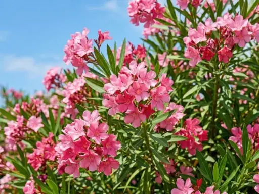 Un buisson de laurier rose en pleine floraison, avec des grappes de fleurs roses vives sous un ciel bleu clair.