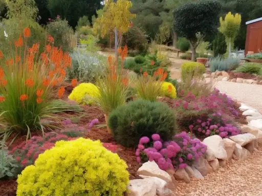 Un jardin coloré avec des fleurs orange, jaunes et roses, bordé de pierres et de paillage minéral.