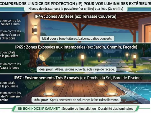 Tableau comparatif ampoules LED : IP44 (abrité), IP65 (intempéries), IP67 (très exposé). Choisir le bon indice pour l'extérieur.