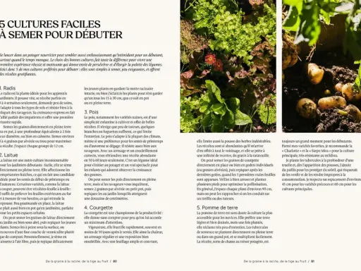 Des courgettes poussent dans un potager, limitant les mauvaises herbes. Le texte donne des conseils pour débuter au jardin.