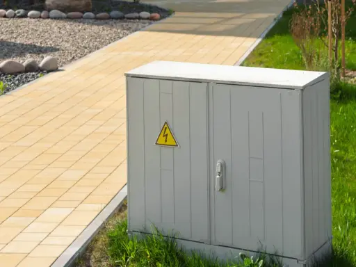 Armoire électrique grise avec symbole de danger électrique, classée IP 66, située près d'un chemin pavé jaune et d'une pelouse verte.