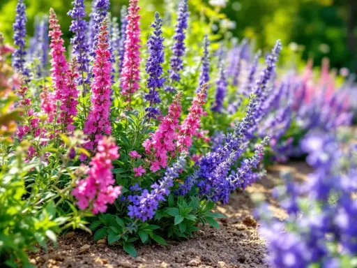 Magnifique parterre de fleurs vivaces plein soleil, avec des épis roses et violets éclatants.