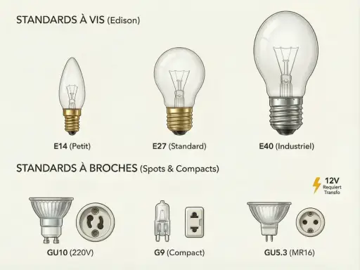 Comparaison des tailles d'ampoules : E14 (petit), E27 (standard) et E40 (industriel). Illustration des standards à vis et à broches.