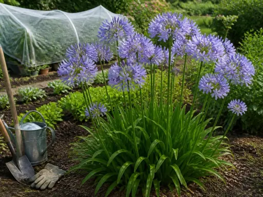 Graines agapanthe en pleine floraison dans un jardin, avec des outils de jardinage à proximité.