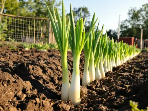 Ligne de jeunes poireaux plantés dans la terre, prêts à pousser.