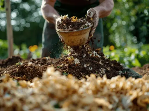 Mains ajoutant du compost à un tas, le terreau idéal pour potager est en cours de préparation.