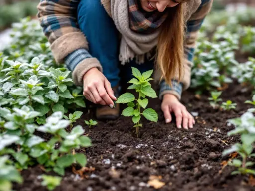 Une femme plante de la menthe dans un jardin. Les feuilles de menthe sont vertes et fraîches, certaines sont saupoudrées de givre.