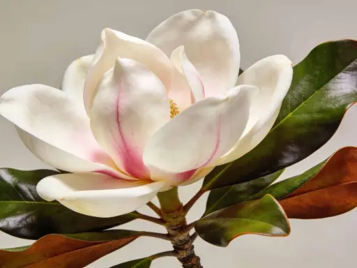 Magnifique fleur de magnolia blanc et rose, avec des feuilles vertes foncées et brunes. Un arbre magnolia en pleine floraison.
