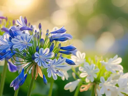 Agapanthe floraison : des fleurs bleues et blanches aux rayures délicates s'épanouissent sous un soleil doux, créant une scène printanière paisible.