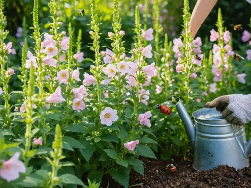 Un jardinier arrose des fleurs de hibiscus syriacus roses, tandis que des coccinelles et des abeilles butinent.