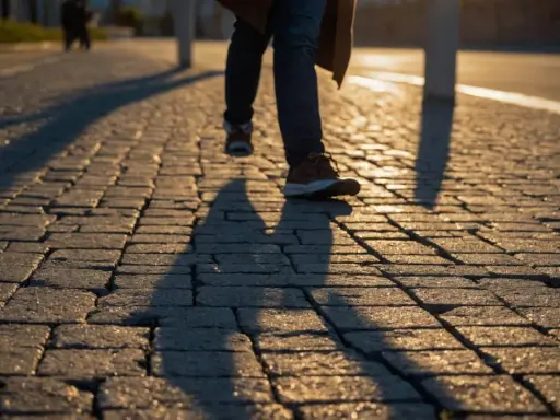Personne marchant sur une terrasse pavée au soleil couchant.
