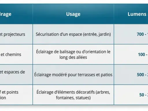 Tableau comparant les types d'éclairage (sécurité, allées, terrasse, décoratif) à leur usage et aux lumens recommandés. La correspondance lumen watt est essentielle pour choisir le bon éclairage.