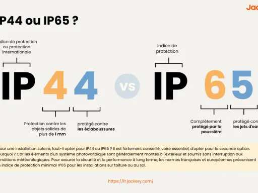 Comparaison des indices de protection IP44 et IP65. Le signification IP44 indique une protection contre les objets solides de plus de 1mm et les éclaboussures. IP65 offre une protection totale contre la poussière et les jets d'eau.
