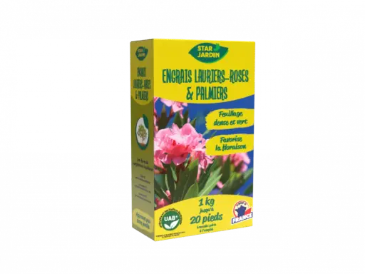Engrais Star Jardin pour lauriers-roses et palmiers, favorisant un feuillage dense et une belle floraison.