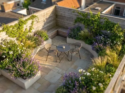 Idéal pour aménager un petit jardin de 10m2 : terrasse en pierre, banquette en bois, mobilier de jardin et massifs de lavande et graminées.