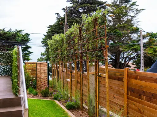 Une rangée de plantes brise vue palissées sur des structures métalliques, bordant une clôture en bois et un escalier.