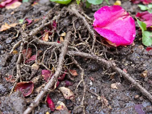 Gros plan sur les racines d'un rosier dans un terreau humide, parsemé de pétales de roses roses et rouges.