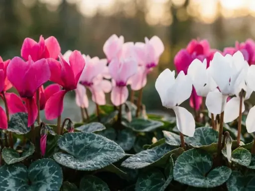 Cyclamens roses, blancs et roses pâles, parfaits pour un entretien facile au jardin.