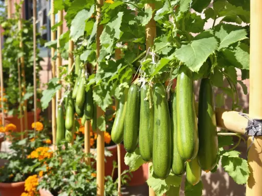 Courgettes vertes suspendues, une belle récolte de courgettes en hauteur, soutenues par des tuteurs en bambou.