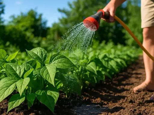 Arrosage de jeunes plants de haricots verts dans un potager ensoleillé. L'eau tombe en pluie fine sur les feuilles vertes.