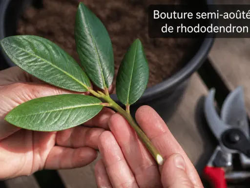 Une bouture semi-aoûtée de rhododendron est tenue dans des mains, prête à être plantée. Des sécateurs sont visibles en arrière-plan.