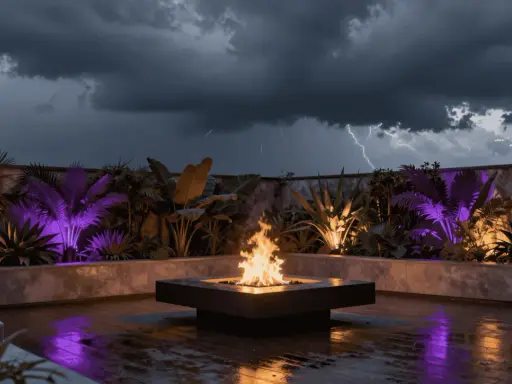 Terrasse tropicale illuminée de lumières violettes et oranges, avec un brasero crépitant sous un ciel d'orage. Le culot ampoule G4 éclaire subtilement les plantes exotiques.