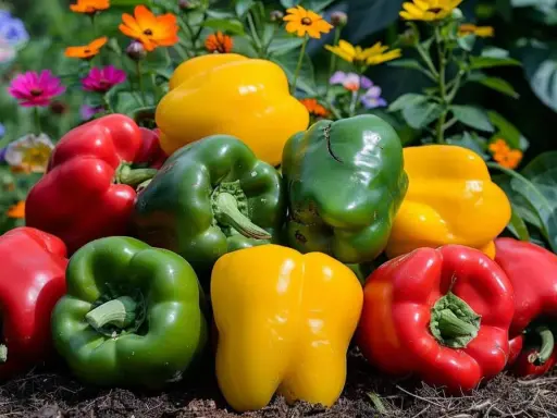 Un tas de poivrons rouges, verts et jaunes brillants, symboles de la culture poivron, posés sur la terre, avec des fleurs colorées en arrière-plan.