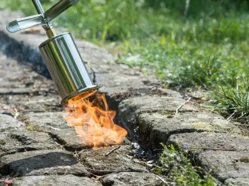 Un chalumeau brûle les mauvaises herbes entre les pavés pour empêcher leur pousse. La flamme orange vif illumine la scène.