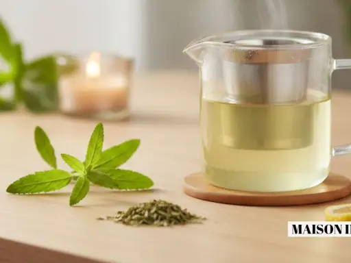 Une théière en verre remplie d'une infusion dorée, avec une branche de verveine fleur et une tranche de citron. Une bougie allumée en arrière-plan.