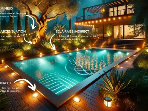 Magnifique piscine illuminée la nuit. Des guirlandes, des spots et des rubans LED créent une ambiance féerique, une belle idée éclairage autour piscine.