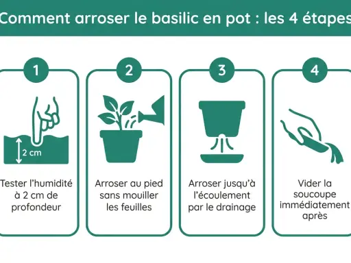 Guide en 4 étapes pour l'arrosage du basilic en pot : tester l'humidité, arroser au pied, jusqu'au drainage, puis vider la soucoupe.
