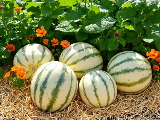 Cinq melons d'eau rayés, prêts à être récoltés, reposent sur de la paille, entourés de fleurs orange vif et de feuillage vert luxuriant. Un beau résultat de planter melon.