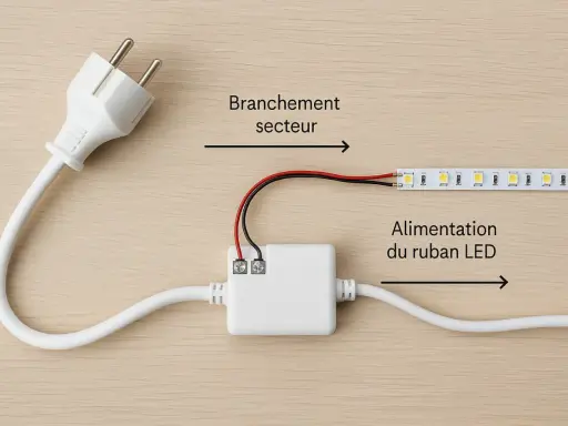 Branchement secteur vers alimentation du ruban LED. Le câble blanc se connecte à un boîtier blanc, puis à un ruban LED.