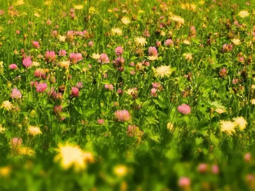 Un gazon fleuri sans tonte, où des trèfles roses et des fleurs jaunes sauvages dansent parmi l'herbe haute.