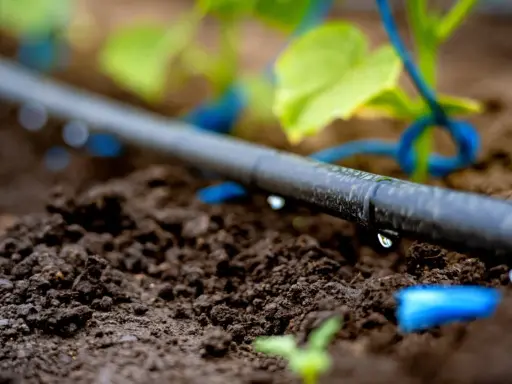 Tuyau d'arrosage goutte-à-goutte avec des gouttes d'eau tombant sur la terre.
