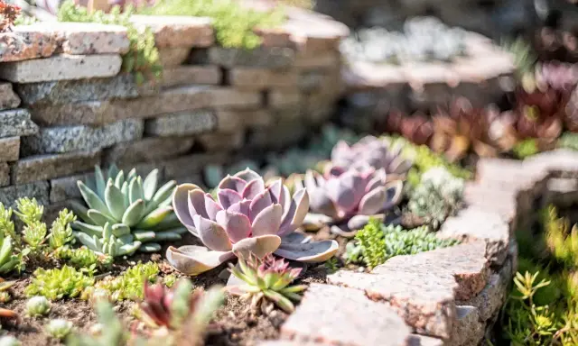 Un jardin ensoleillé avec des plantes grasses extérieur aux teintes rosées et vertes, nichées entre des murets de pierre.
