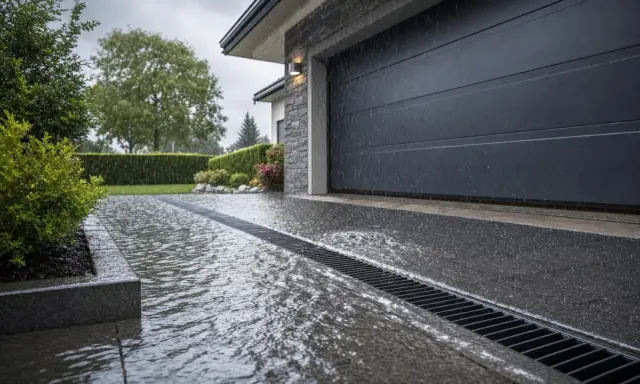 Pluie sur une allée de garage drainante, l'eau s'écoule dans la grille. La porte de garage est fermée.