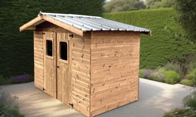 Abri de jardin en bois avec double porte et fenêtres, idéal pour ranger vos outils. Pensez à la taxe abri de jardin.