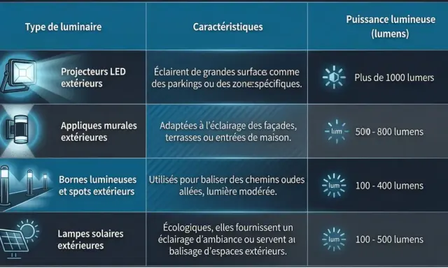 Tableau comparatif des types de luminaires LED extérieurs : projecteurs, appliques, bornes, lampes solaires.
