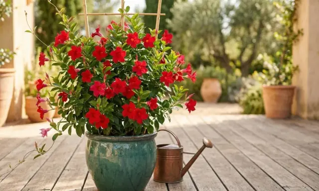 Un dipladenia éclatant de fleurs rouges, prêt pour une exposition ensoleillée. Arrosoir en cuivre à proximité.