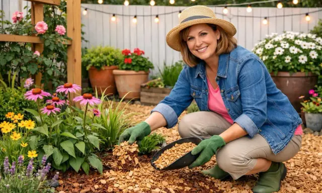 Jardinière souriante avec un chapeau de paille paillant des fleurs roses et jaunes avec des copeaux de bois.