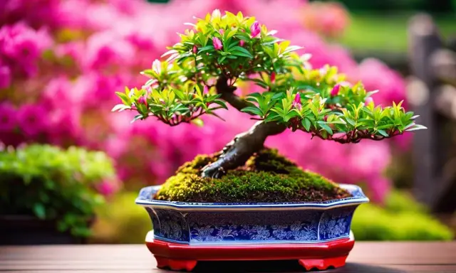 Un magnifique bonsaï azalée du Japon, orné de bourgeons roses, repose dans un pot ornemental bleu et blanc, sur fond de fleurs roses éclatantes.