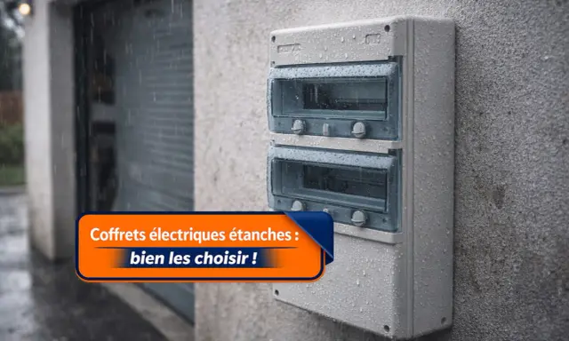 Coffret électrique étanche, norme IP 65, résistant à la pluie sur un mur extérieur.