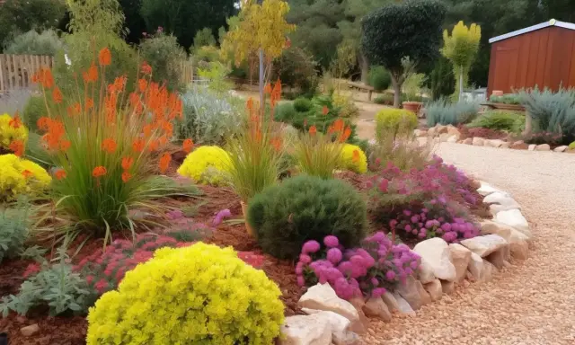 Un jardin coloré avec des fleurs orange, jaunes et roses, bordé de pierres et de paillage minéral.