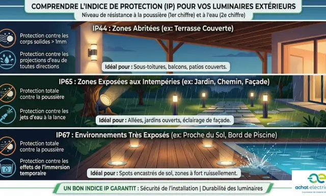 Tableau comparatif ampoules LED : IP44 (abrité), IP65 (intempéries), IP67 (très exposé). Choisir le bon indice pour l'extérieur.