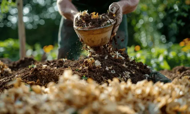 Mains ajoutant du compost à un tas, le terreau idéal pour potager est en cours de préparation.