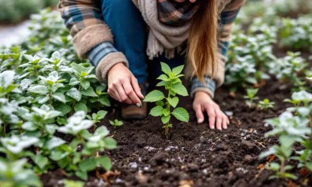 Une femme plante de la menthe dans un jardin. Les feuilles de menthe sont vertes et fraîches, certaines sont saupoudrées de givre.