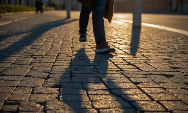 Personne marchant sur une terrasse pavée au soleil couchant.