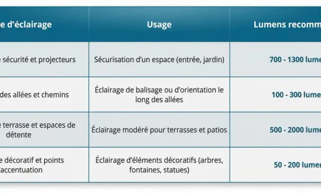 Tableau comparant les types d'éclairage (sécurité, allées, terrasse, décoratif) à leur usage et aux lumens recommandés. La correspondance lumen watt est essentielle pour choisir le bon éclairage.